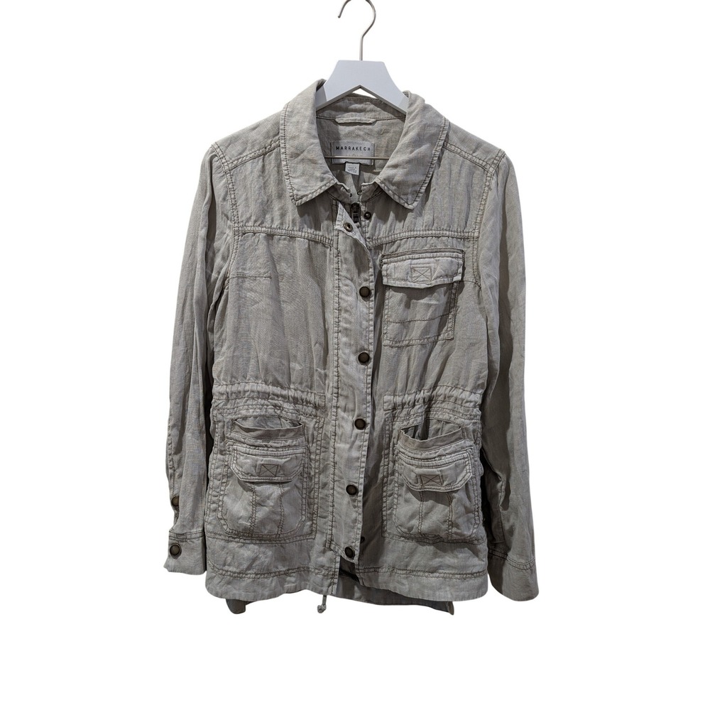 Marrakech Anthropologie Linen Military Jacket Beige Utility Drawstring Waist M